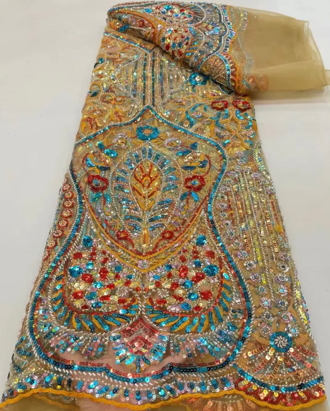 African Handmade Beaded Sequins Lace Fabric