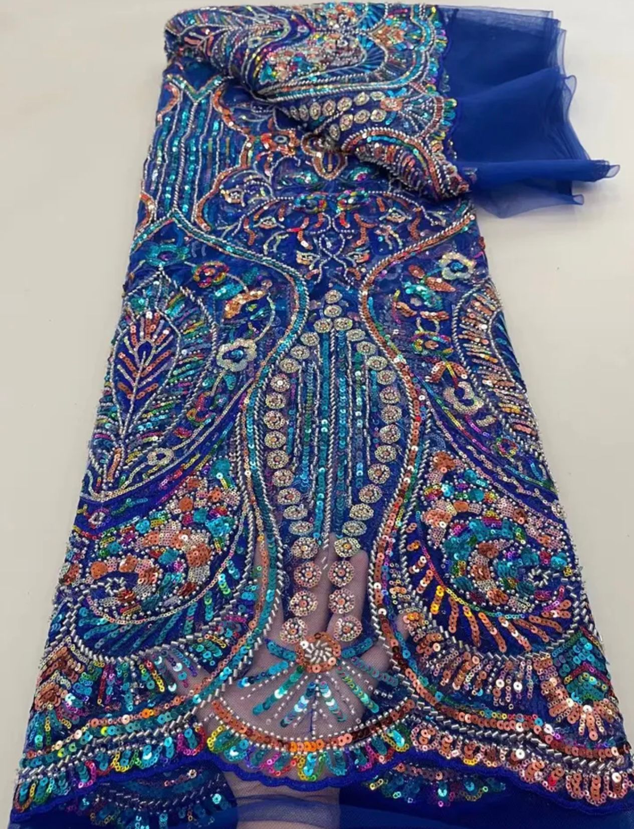 African Handmade Beaded Sequins Lace Fabric