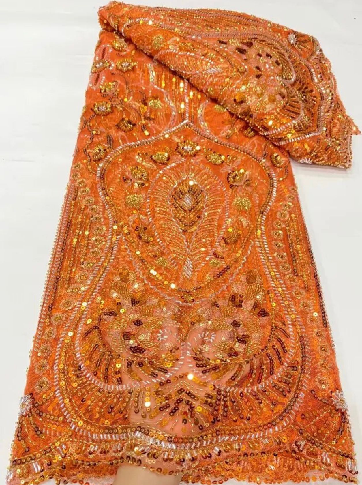 African Handmade Beaded Sequins Lace Fabric