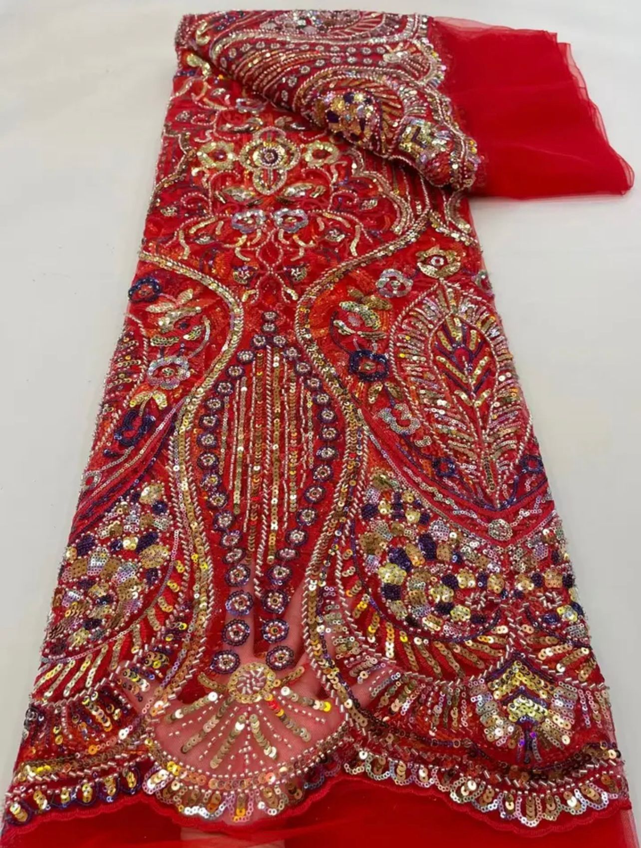 African Handmade Beaded Sequins Lace Fabric
