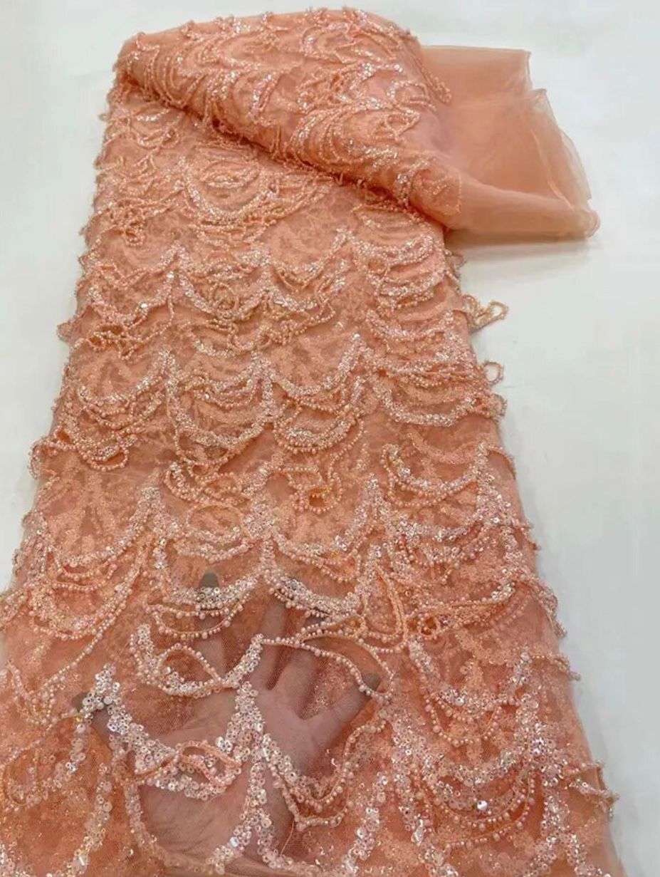 African Handmade Beaded Sequins Lace Fabric