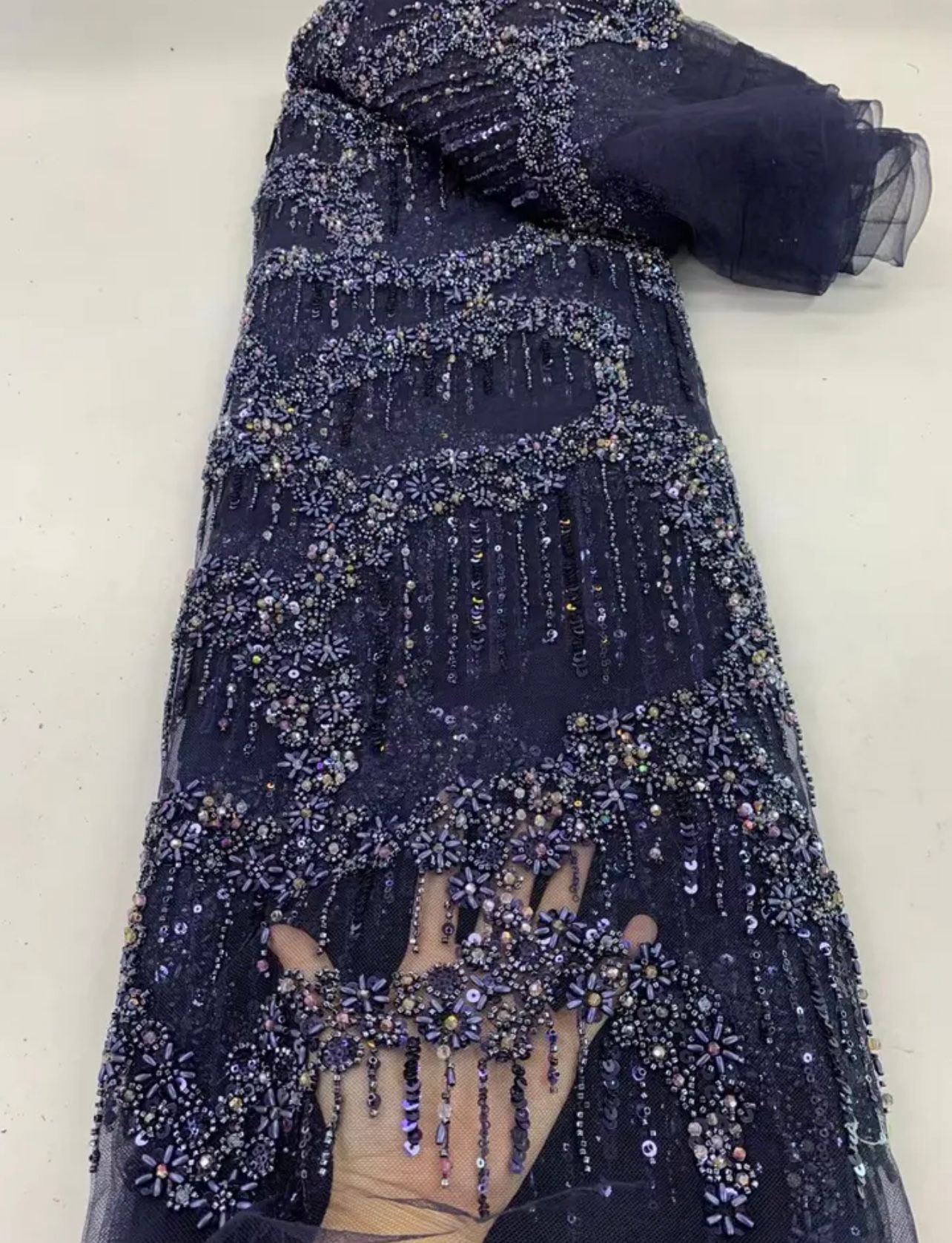 African Handmade Beaded Sequins Lace Fabric