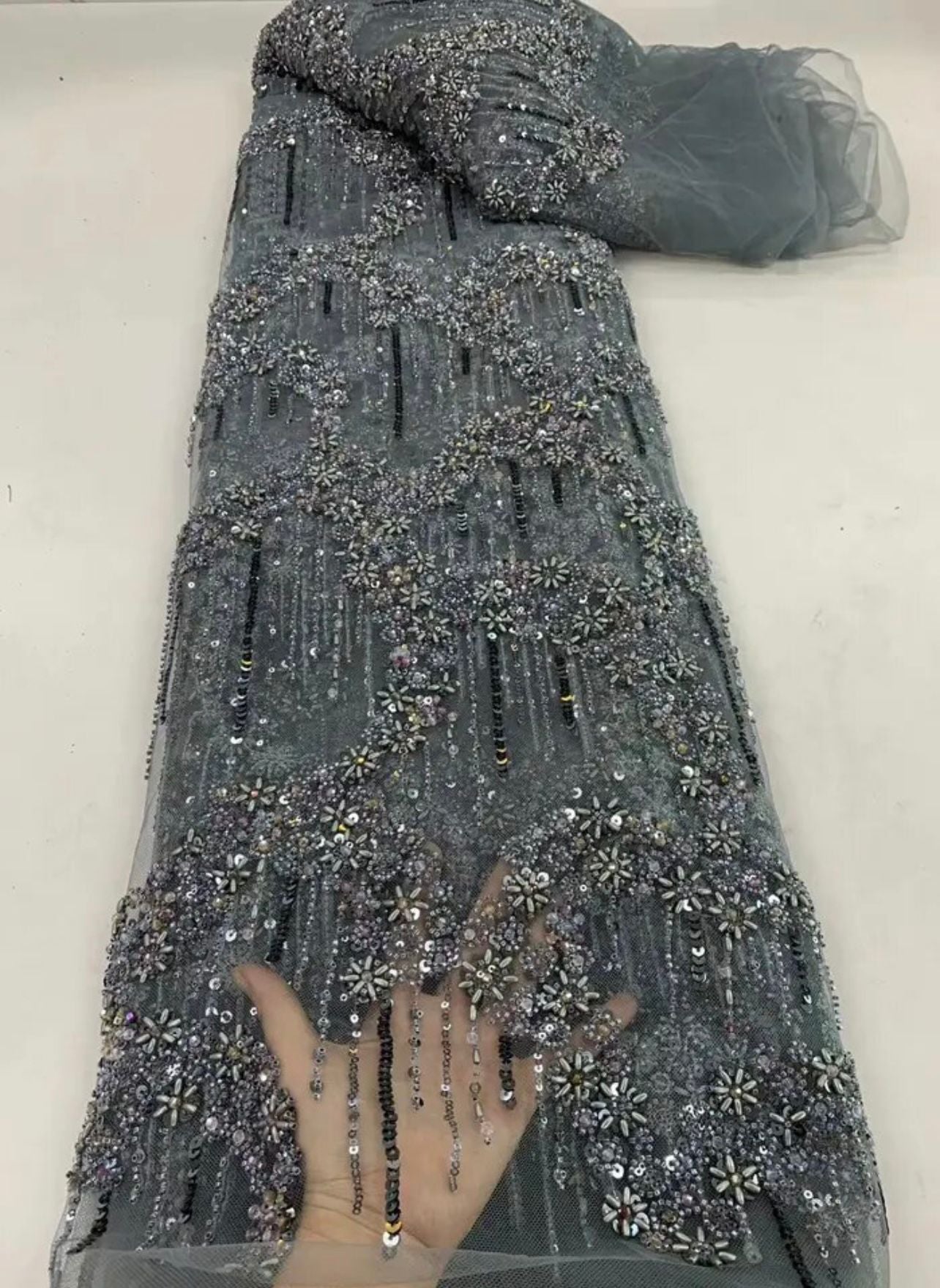 African Handmade Beaded Sequins Lace Fabric