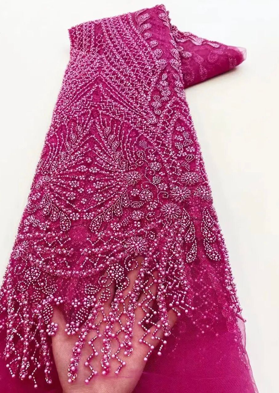 African Handmade Beaded Sequins Lace Fabric